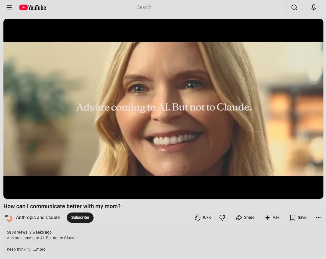 Screenshot from Anthropic's satirical Super Bowl LIX ad showing an AI chatbot steering a user toward sponsored products