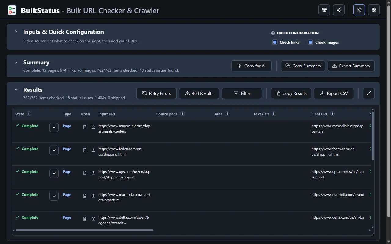 BulkStatus results table showing HTTP status, redirects, response time, and page data for a batch of URLs