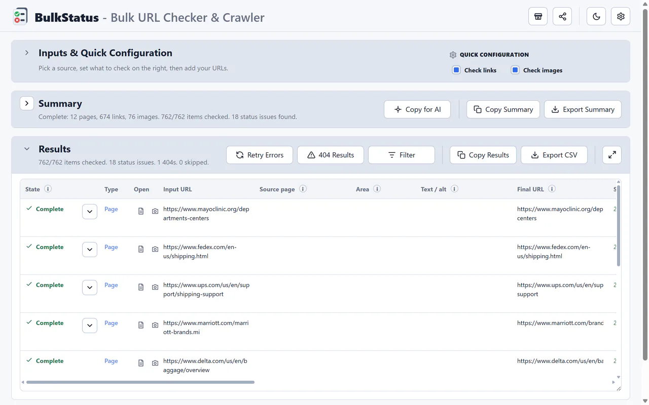 BulkStatus results table showing HTTP status, redirects, response time, and page data for a batch of URLs