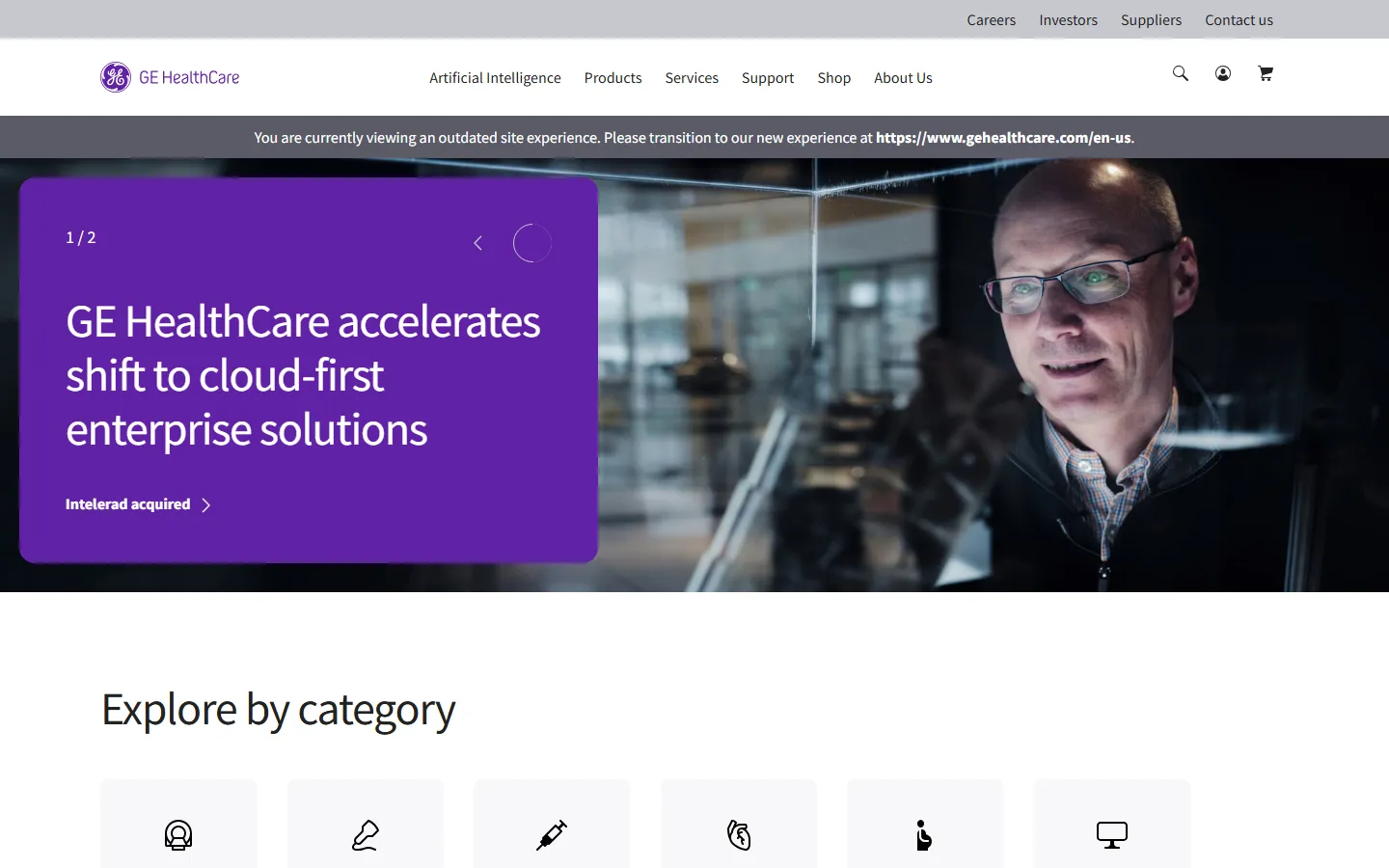 GE HealthCare homepage hero overlay with headline text and call-to-action button visible over a product photo, the kind of layout QAT validates on every scheduled run