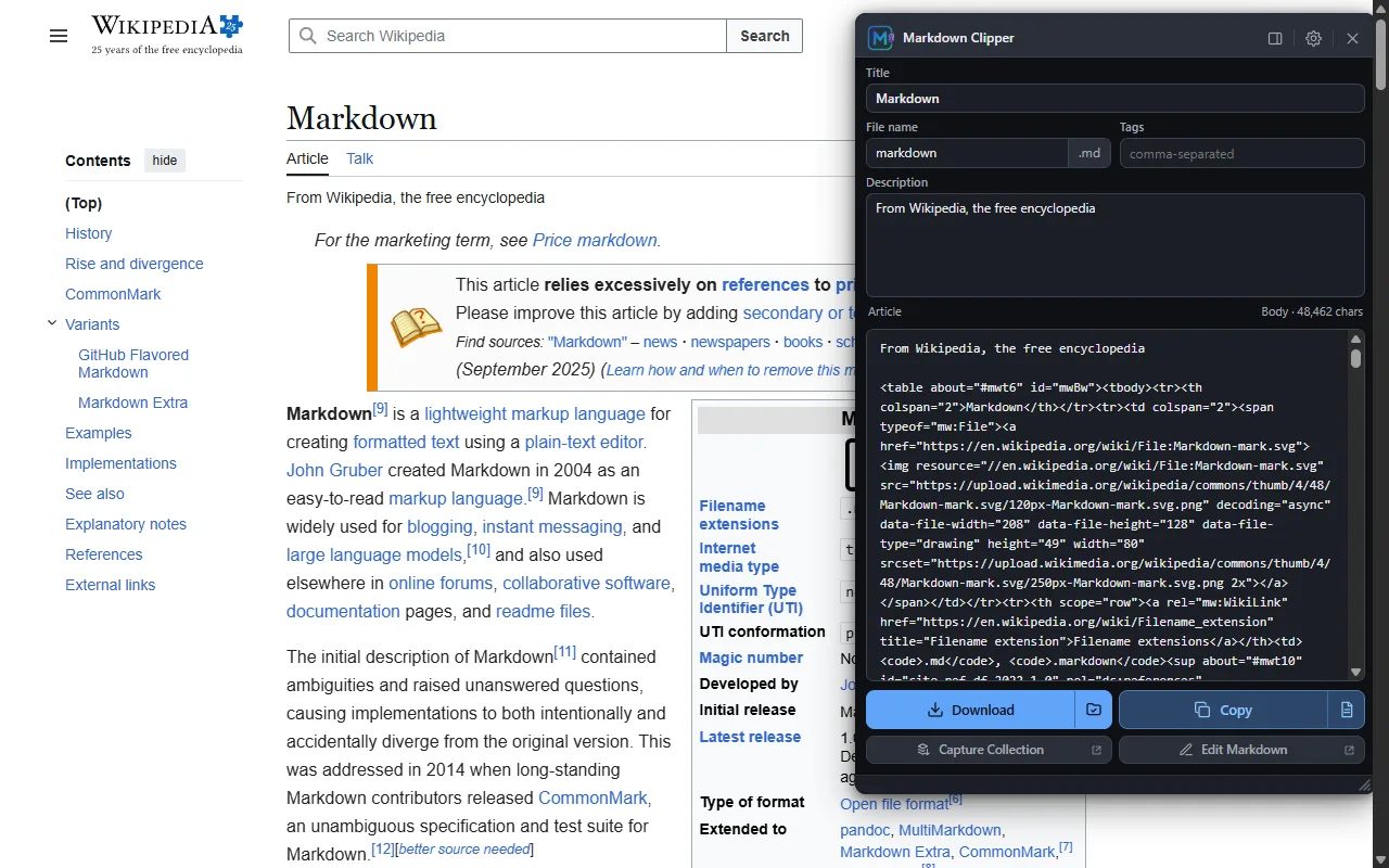 Markdown Clipper capture panel open over a Wikipedia article, converting the page to Markdown