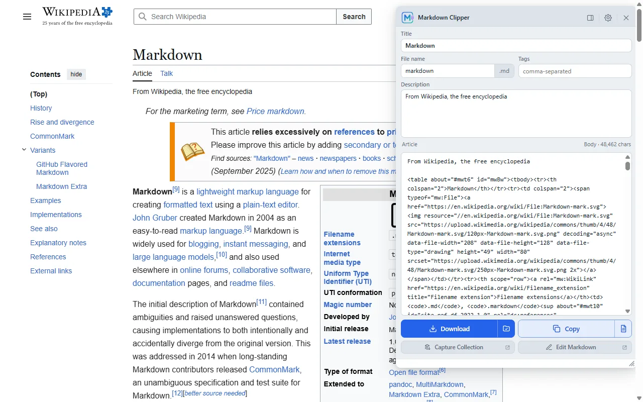 Markdown Clipper capture panel open over a Wikipedia article, converting the page to Markdown