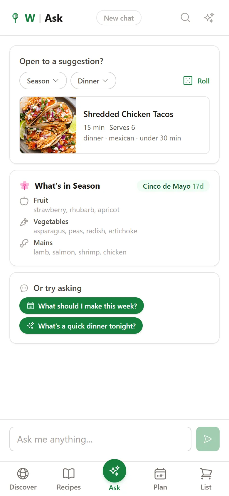 Whisk AI Assistant screen with chat interface for asking cooking questions, getting recipe suggestions, and meal planning help