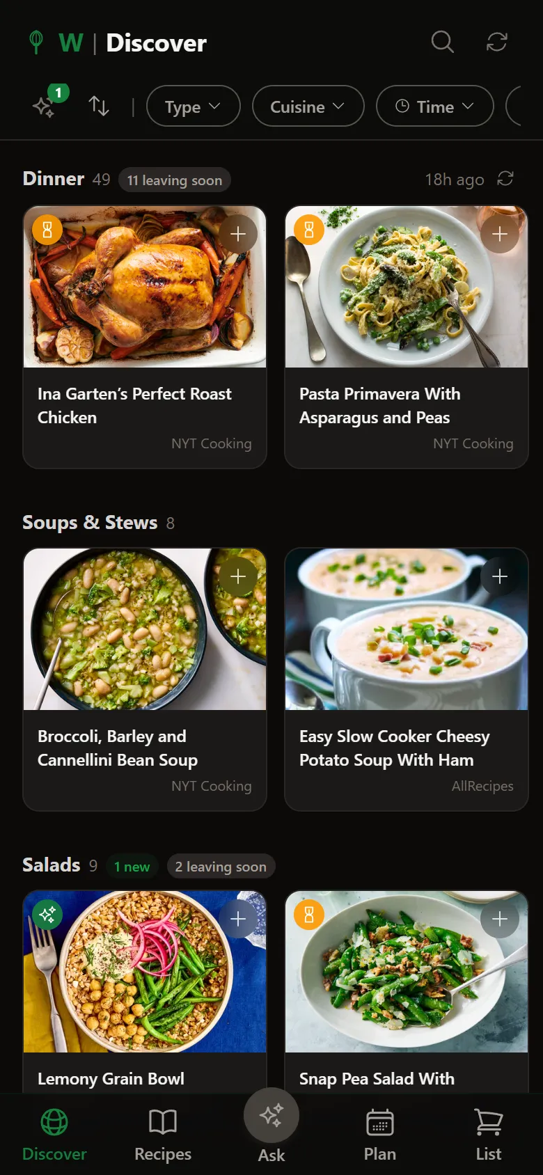 Whisk discover screen showing AI-curated recipe suggestions