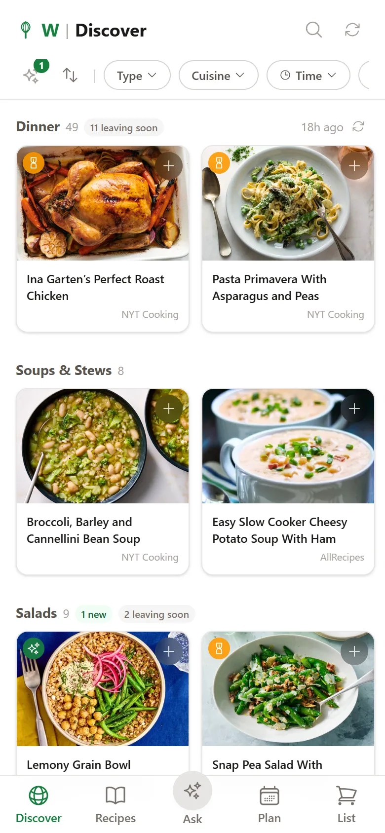Whisk discover screen showing AI-curated recipe suggestions