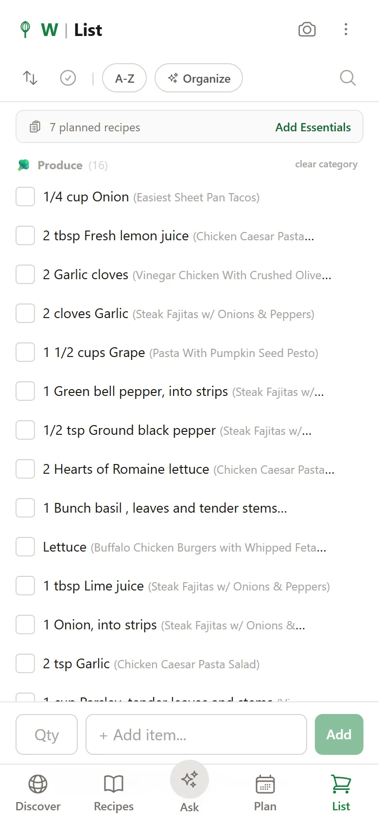 Whisk shopping list with grocery items categorized by aisle, check-off boxes, and auto-populated quantities from the meal plan