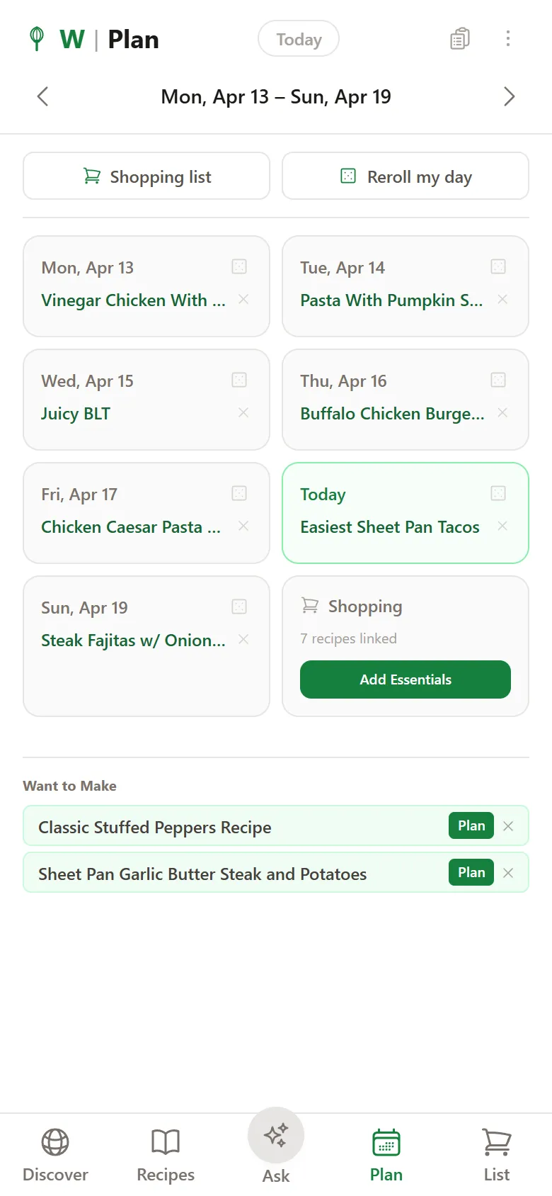 Whisk weekly meal planner showing breakfast, lunch, and dinner slots across seven days with drag-and-fill recipe assignment