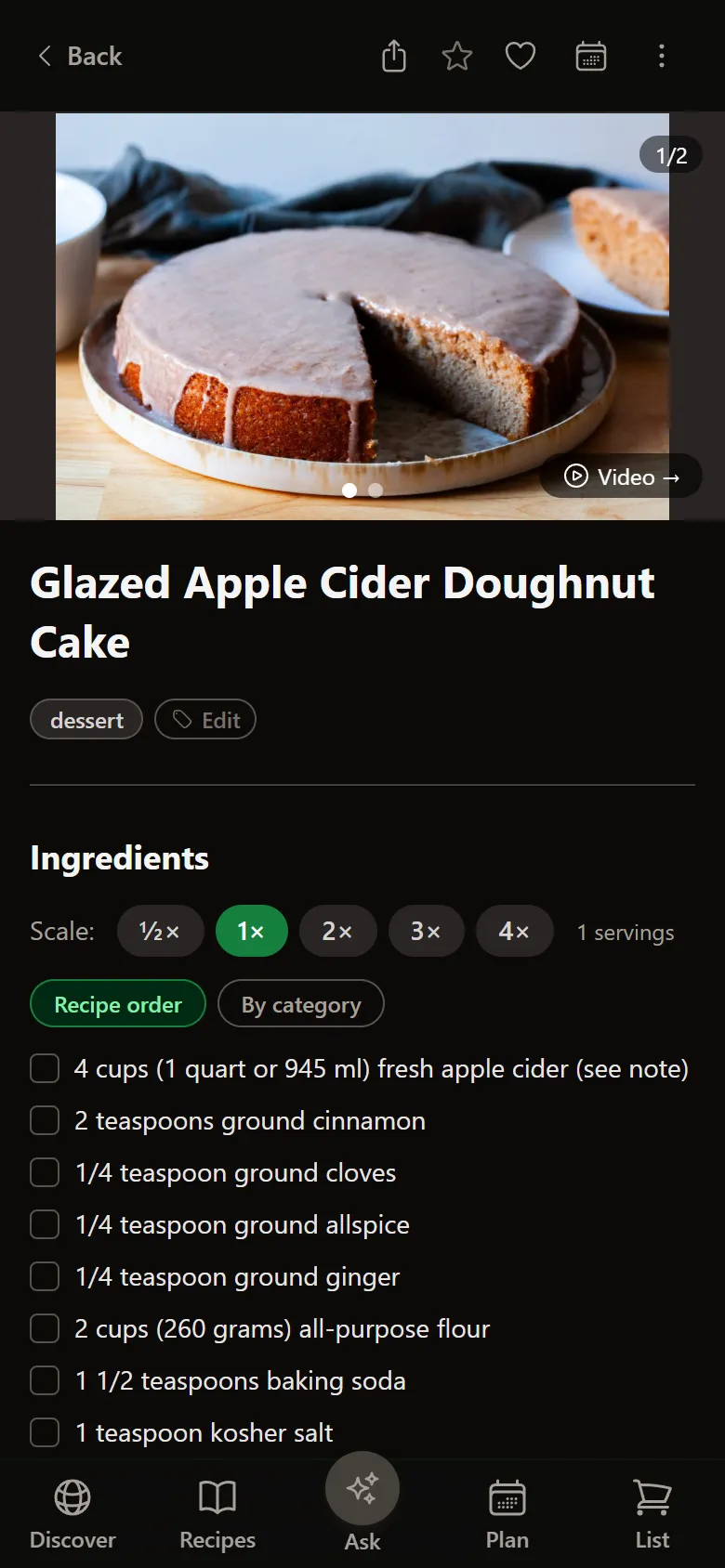 Whisk recipe detail screen with ingredients and step-by-step instructions