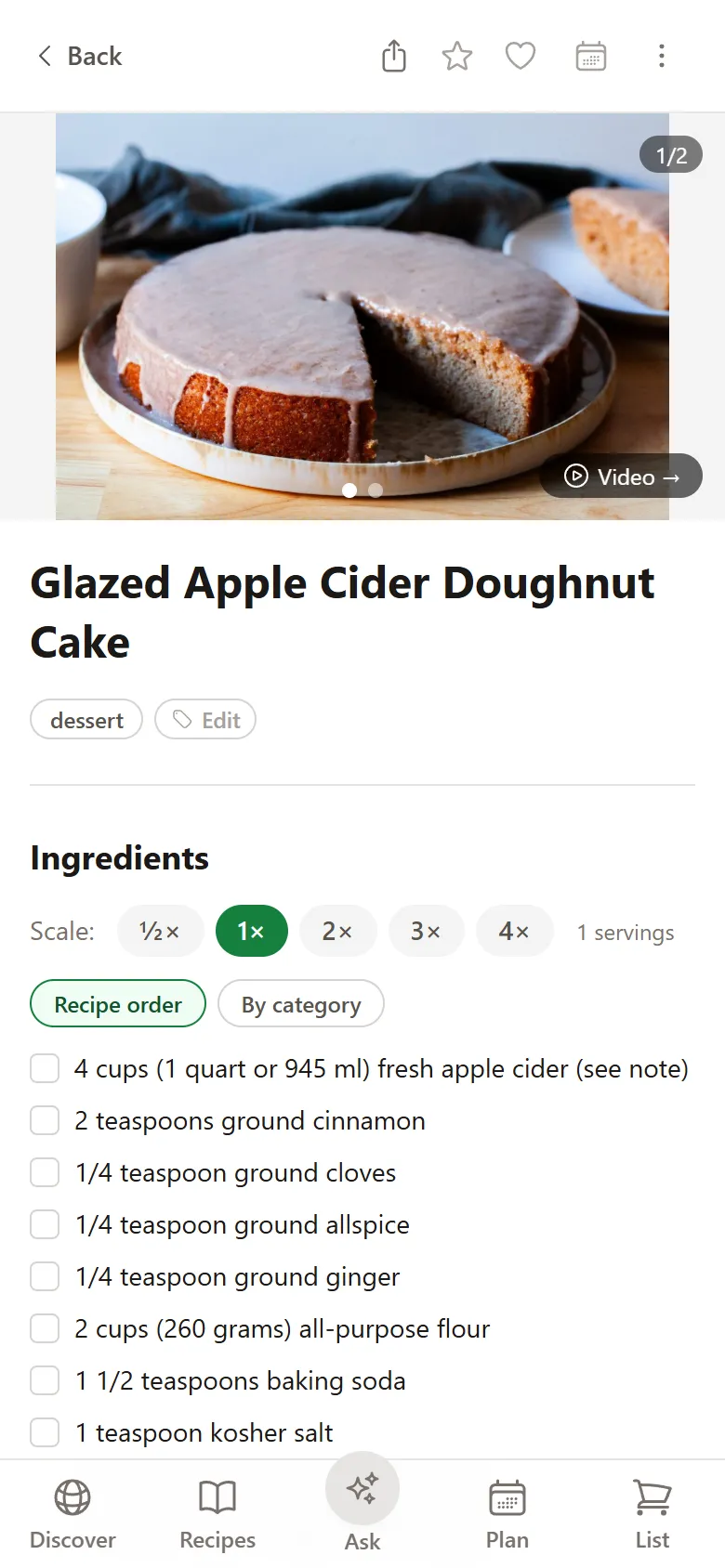 Whisk recipe detail screen with ingredients and step-by-step instructions