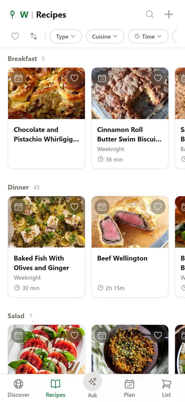 Whisk Recipes screen showing saved recipes grouped by breakfast, dinner, and salad categories with thumbnails and cook times