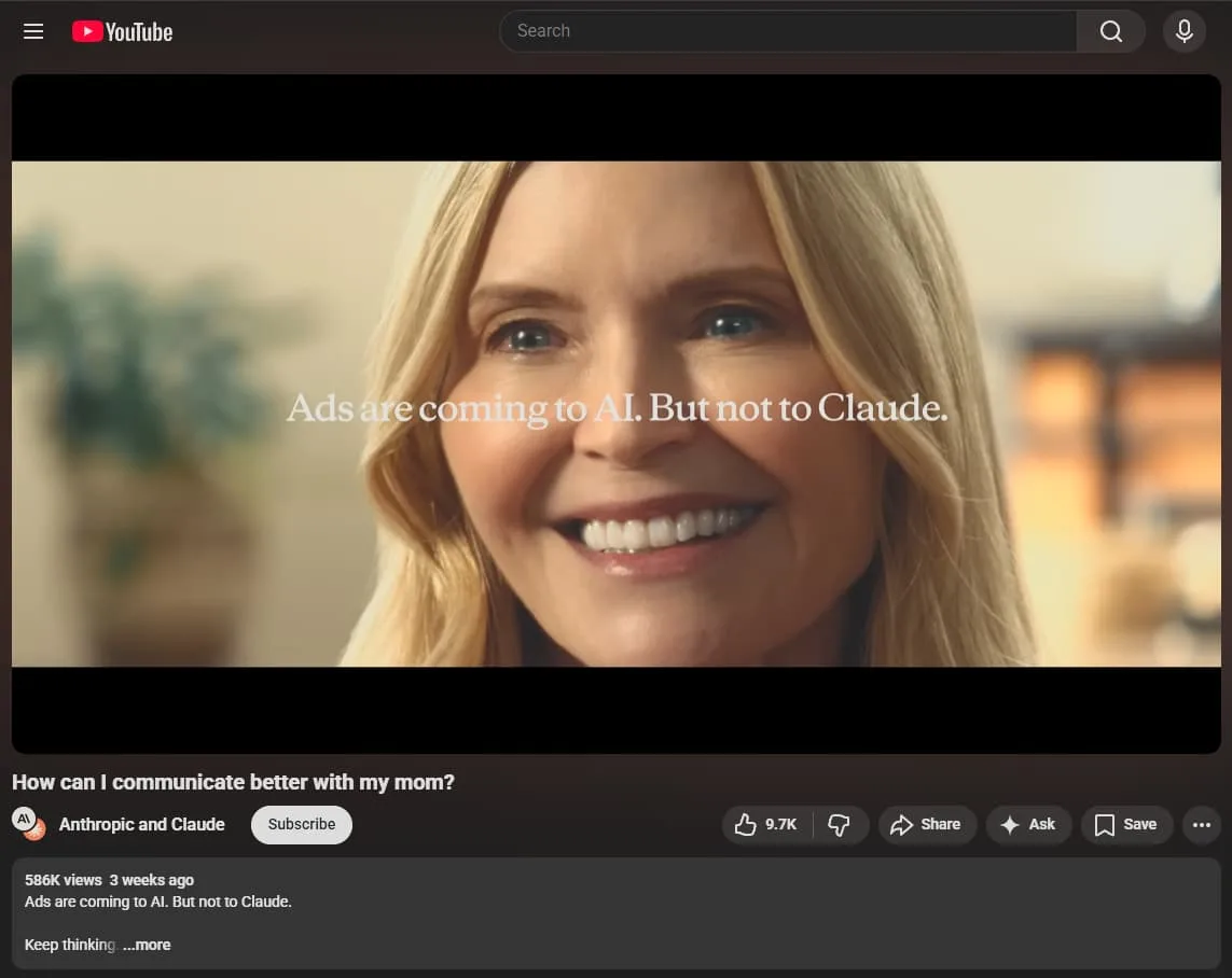 Screenshot from Anthropic's satirical Super Bowl LIX ad showing an AI chatbot steering a user toward sponsored products