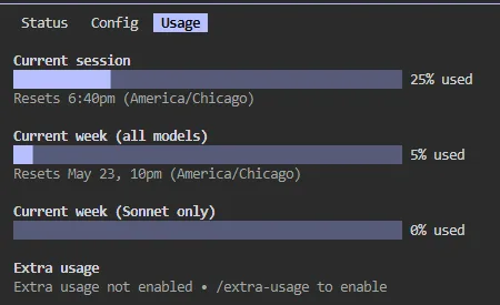Claude Code /usage panel showing session and weekly usage bars against plan limits