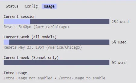 Claude Code /usage panel showing session and weekly usage bars against plan limits