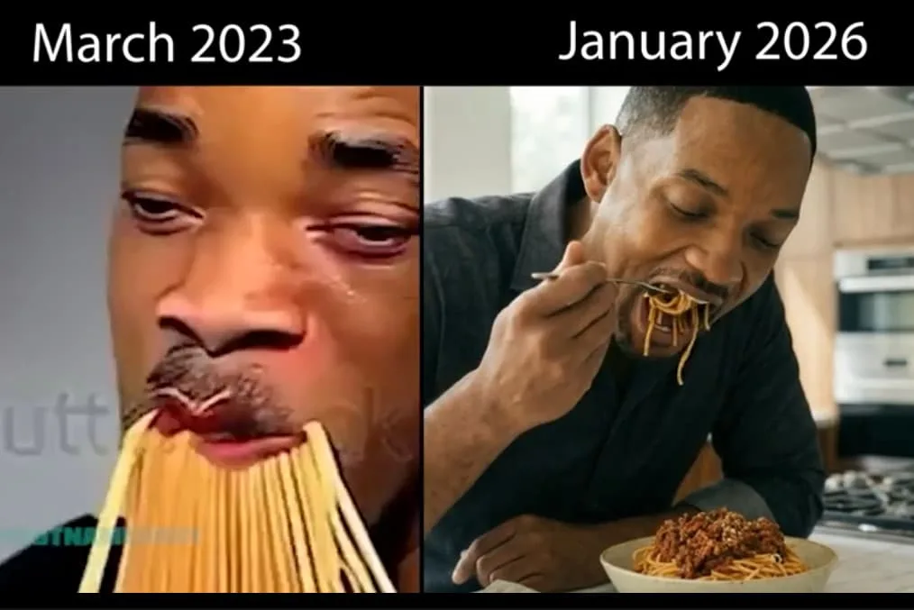 Side-by-side comparison of AI-generated Will Smith eating spaghetti: March 2023 (distorted, surreal) vs January 2026 (photorealistic)
